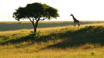 A tall tree in a grassy field, its shadow blending with the shadow of a giraffe, both illuminated by soft afternoon light. Focus on the shadows. No people.