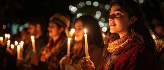 A group of people holding candles and singing during a traditional Posada procession at night