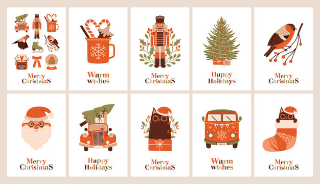 Set of cards to Merry Christmas, New Year, Winter Holidays. Greeting banners with fir tree, nutcracker, santa claus, party bus, cat in christmas sock, bullfinch on branch. Flat minimalist design.