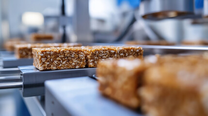 Close up of plant based protein bar being manufactured, showcasing its texture and details