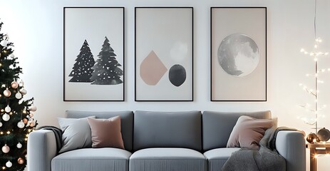 Minimalist Luxury Christmas Living Room: Sparkling Christmas Tree in Minimalist Setting. wide shot