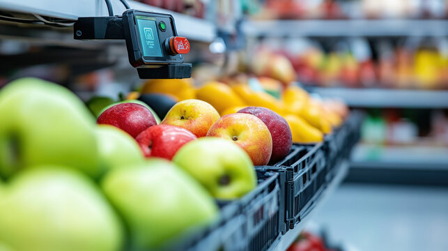 Fresh apples and green apples on display in grocery store with sensor checking freshness