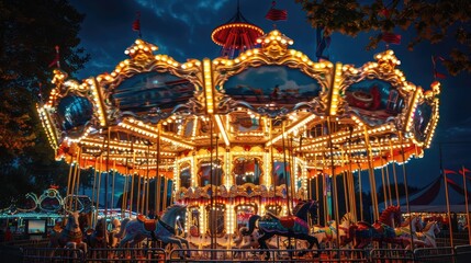 Children's Carousel at an amusement park in the evening and night illumination. amusement park at night. amusement park