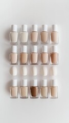 Neutral color nail polish bottles on a white background,Creative flat lay of fashion bright nail polishes,Minimal style,Nude tones color,Beauty blogger concept,beauty,fashion,Copy space.