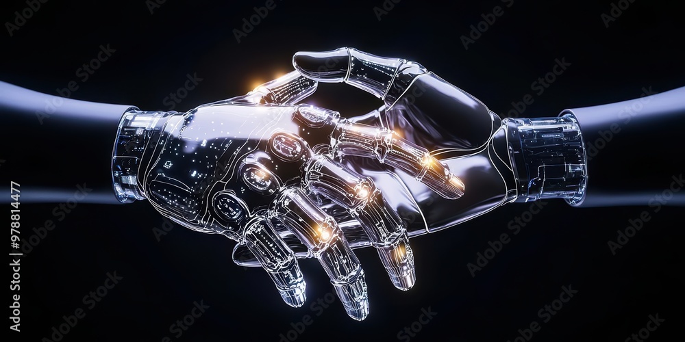 Poster a close-up of a robotic and a human hand reaching for each other, symbolizing the connection between