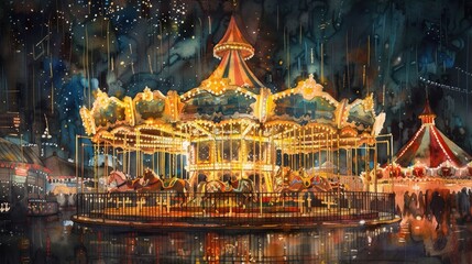 Fototapeta premium Children's Carousel at an amusement park in the evening and night illumination. amusement park at night. amusement park