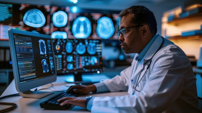 Doctor Operating a Futuristic Medical Scanning Device in a High-Tech Laboratory Environment