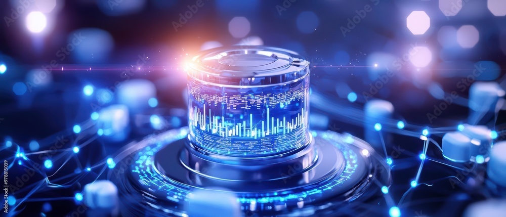 Poster a futuristic digital scene featuring a glowing data cylinder surrounded by interconnected nodes and 