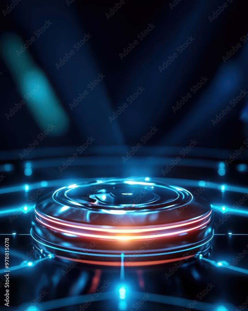 Poster a futuristic glowing button with vibrant lights representing technology and innovation in a digital 