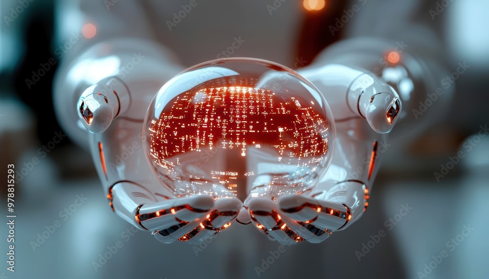 Poster a futuristic robot holding a glowing orb with digital data representation, showcasing the blend of t