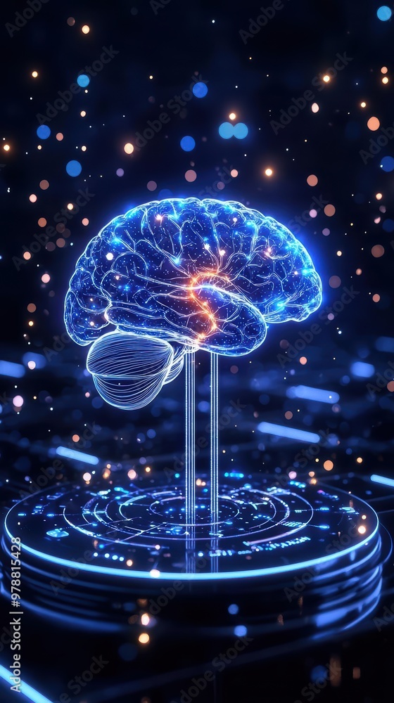 Poster a glowing digital brain symbolizing artificial intelligence and technology with a futuristic design 