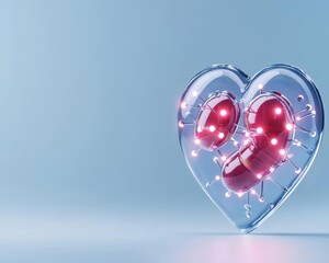 A glowing heart design with red capsules inside, symbolizing love and health in a modern, creative style.