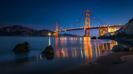 The Golden Gate Bridge in San Francisco, night photography. AI generate illustration