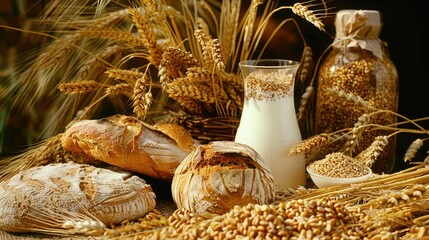 A rustic scene featuring freshly baked bread
