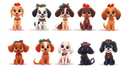 Obraz premium Cute cartoon dogs wearing holiday decorations bring joy and cheer