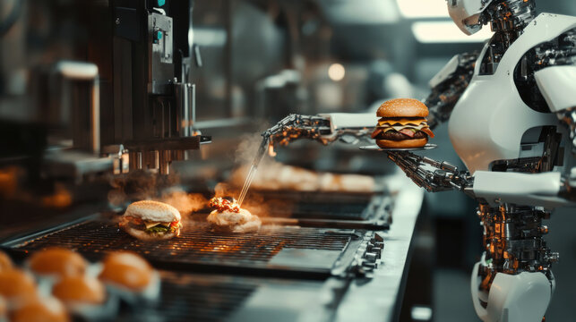 A robot chef flipping burgers on smart grill, showcasing advanced cooking technology