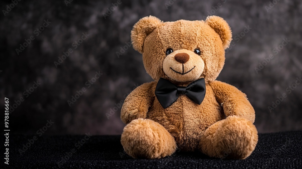 Wall mural Plush brown teddy bear with black bowtie on black surface