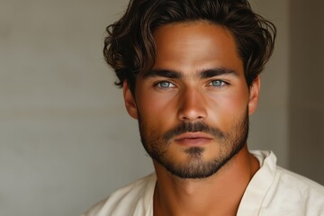 Obraz premium A man with a beard and blue eyes is wearing a white shirt. He has a tan complexion and is wearing a lot of makeup