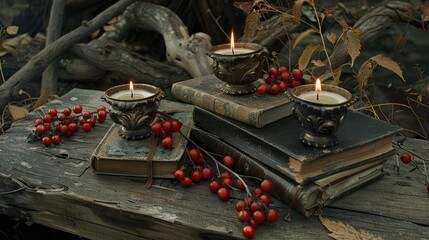 A stack of vintage books with autumn-themed candles and red berries