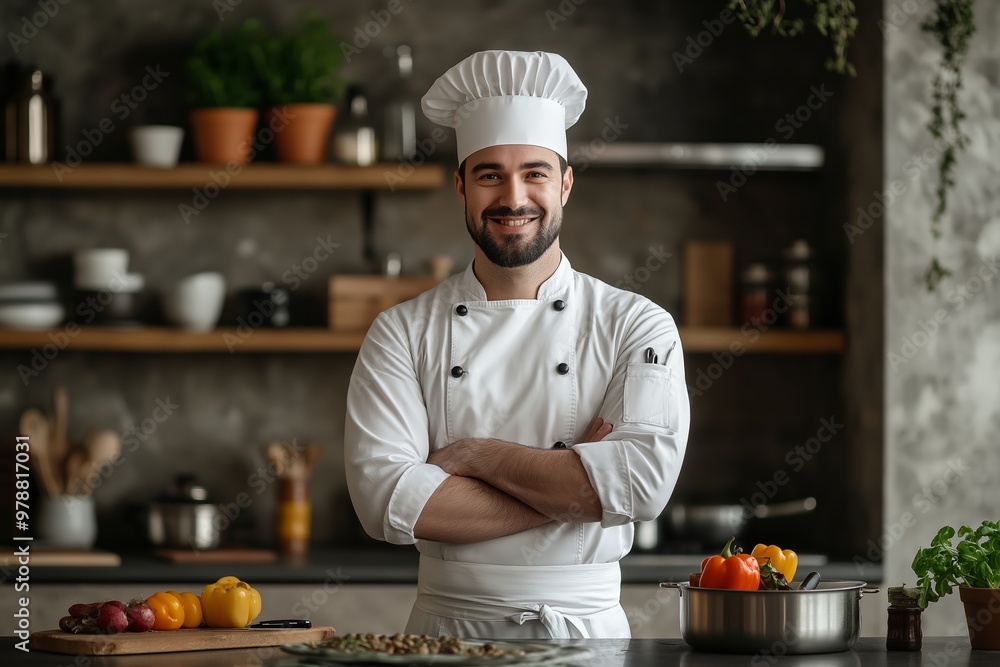Poster a chef is smiling and standing in front of a kitchen counter with various items on it, including a p