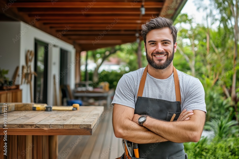 Poster a man with a beard and apron is smiling and posing for a picture. he is standing in front of a woode