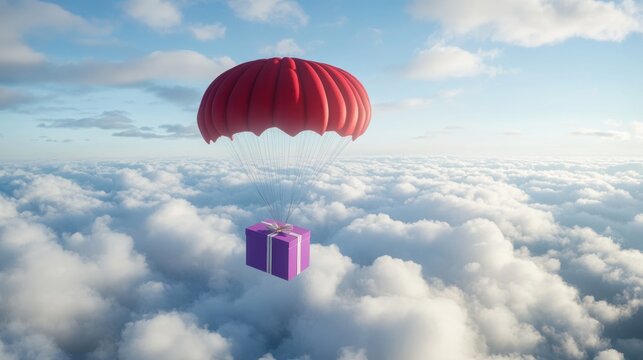 A Box flying on a parachute with pink cloud,vector illustration of package flying down from sky and cloud with parachute, concept for delivery service,shopping online,air delivery service.