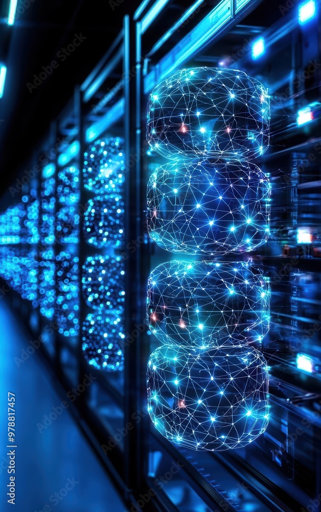 Aufkleber futuristic data center with illuminated servers, showcasing advanced technology and connectivity in 
