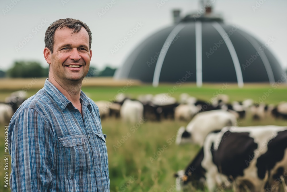 Poster a man is standing in a field with cows. he is smiling and he is happy. the cows are scattered throug