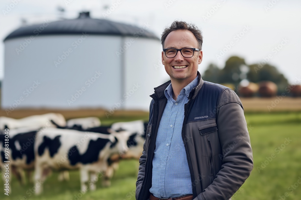 Poster a man is standing in a field with cows. he is smiling and wearing a jacket