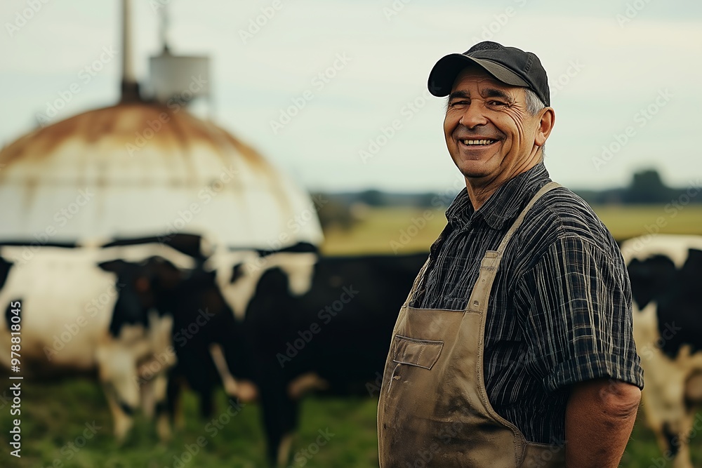 Poster a man wearing a hat and apron stands in front of a group of cows. he is smiling and he is happy