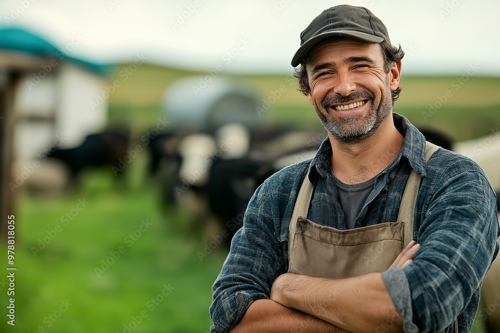 Aufkleber a man with a hat and apron is smiling and posing for a picture in front of cows