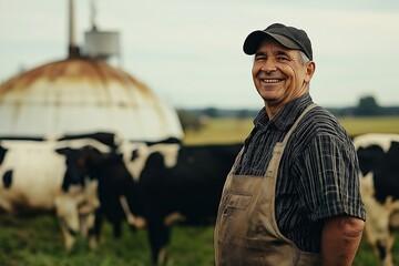 A man wearing a hat and apron stands in front of a group of cows. He is smiling and he is happy