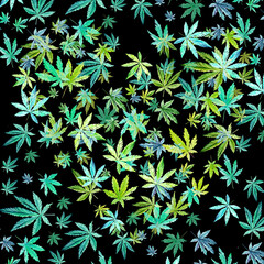 Green, mint, blue cannabis pattern on black background, green leaves Hand drawn watercolor illustration