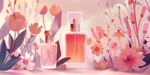 Elegant Floral Perfume Bottles on Soft Pink Background