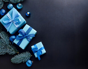  Minimalistic Christmas composition, featuring trendy blue gift decorations on a black backg_1(435)
