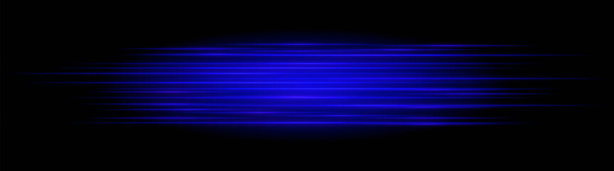 Blue speed neon stripes or light flash. Laser beams, horizontal beams. Beautiful light reflections. Glowing stripes on a black background.