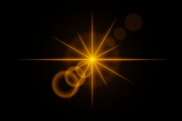 Yellow neon stripes or light flash star. Laser beams, horizontal beams. Beautiful light reflections. Glowing stripes on a black background.