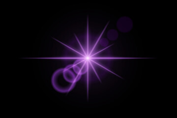 Purple neon stripes or light flash star. Laser beams, horizontal beams. Beautiful light reflections. Glowing stripes on a black background.