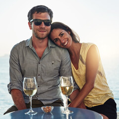 Outdoor, couple and happy with wine glass on portrait for romantic date, bonding and love in Spain. People, relationship and smile outside with alcohol on break or holiday for rest and support