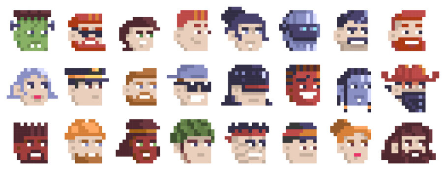 Game 8-bit avatar. Retro pixelated male and female characters avatars, old school 2d video game characters. Vector cartoon game faces set.eps