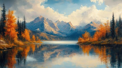 Fototapeta premium oil paiting lake and forest landscape art with andillustration, nature, travel, no people, abstract, sun, sky, sunset and moon light over the mountain