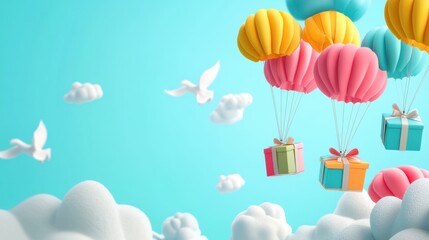 A Box flying on a parachute with pink cloud,vector illustration of package flying down from sky and cloud with parachute, concept for delivery service,shopping online,air delivery service.