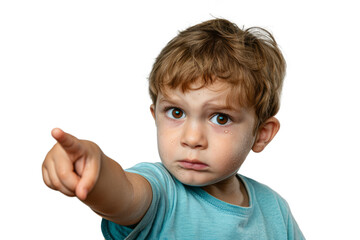 A little boy with tears in his eyes, pointing at something with a disappointed look on a white background.