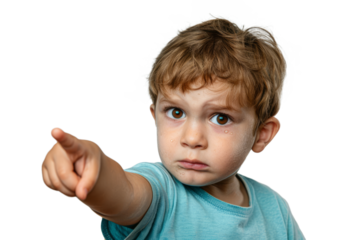 A little boy with tears in his eyes, pointing at something with a disappointed look on a white background.