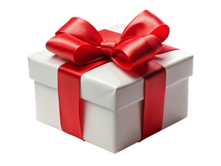 White gift box with red ribbon bow, isolated on white