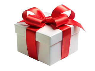 White gift box with red ribbon bow, isolated on white