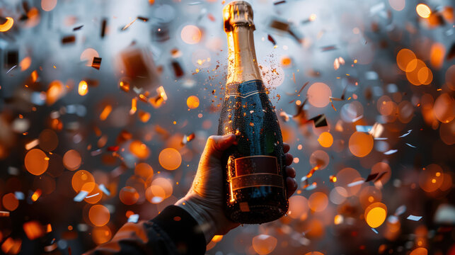 Formula 1 Winner Celebration with Champagne Bottle amidst Festive Confetti and Vibrant Lights