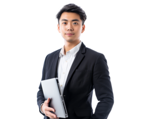 A young businessman from Asia, standing confidently with a laptop, symbolizing success in a global market.