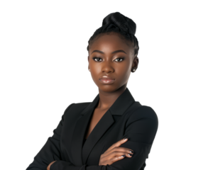 A young female African businesswoman in a power suit, standing confidently, white background.