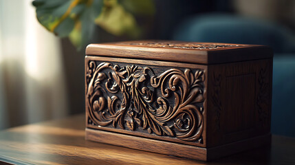 A beautifully crafted wooden box with intricate floral carvings sits on a wooden table. The box has a rich, warm brown color and adds a touch of elegance to any space.